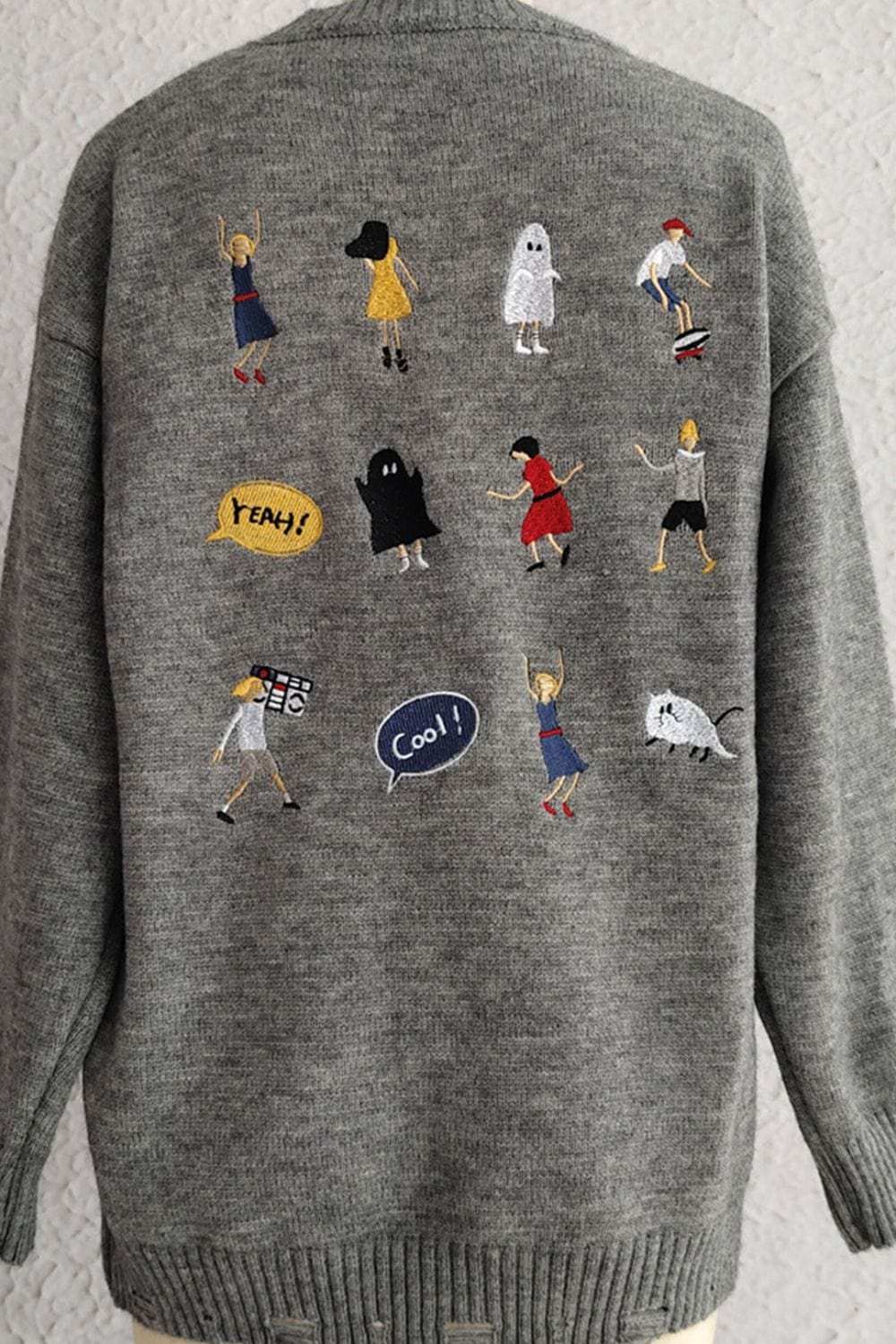 Embroidered Round Neck Dropped Shoulder Sweater - Trendsi - Flyclothing LLC