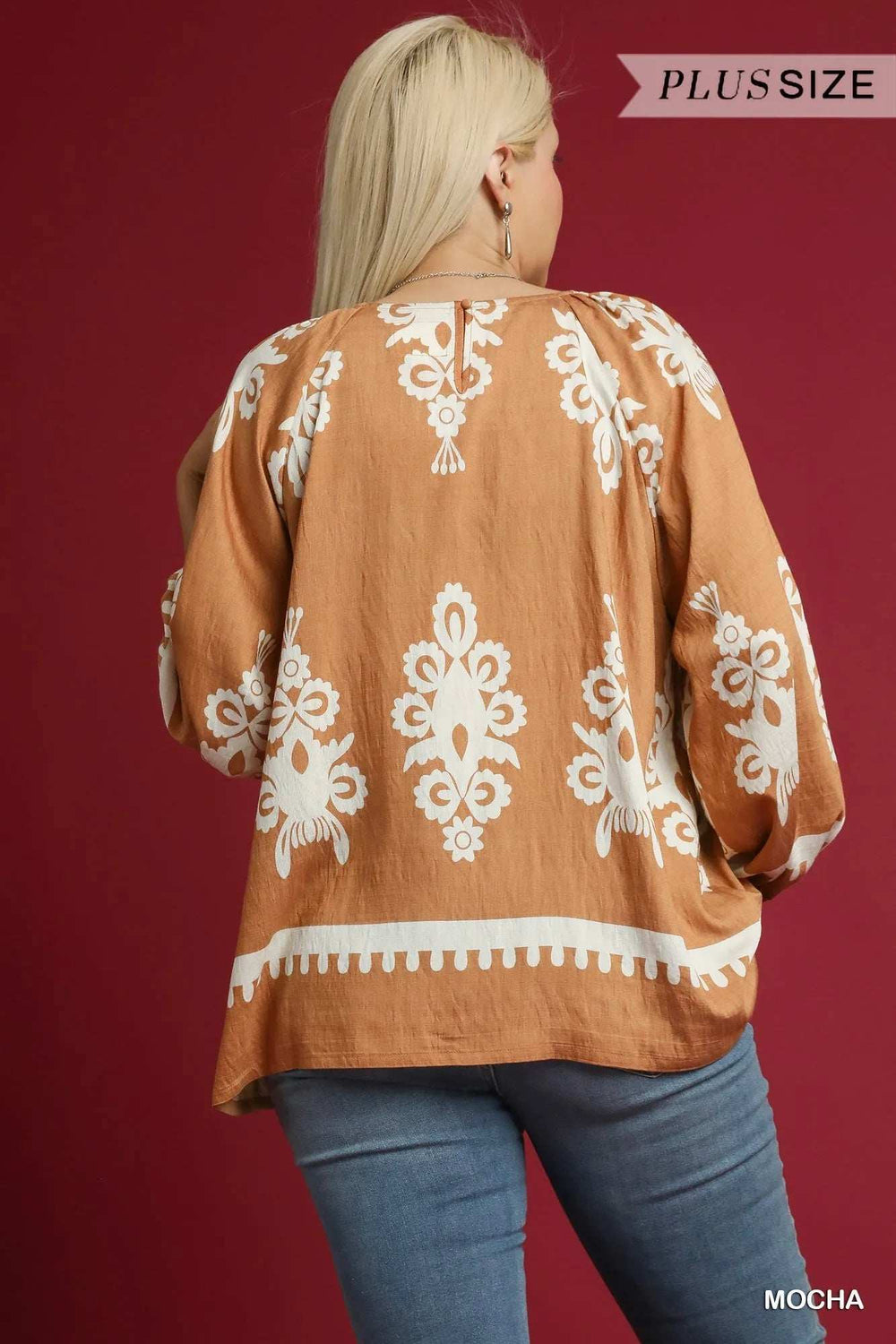 Umgee Full Size Two Tone Border Print Top with Balloon Sleeves Plus Size - Trendsi - Flyclothing LLC