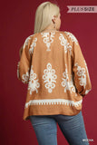 Umgee Full Size Two Tone Border Print Top with Balloon Sleeves Plus Size - Trendsi - Flyclothing LLC