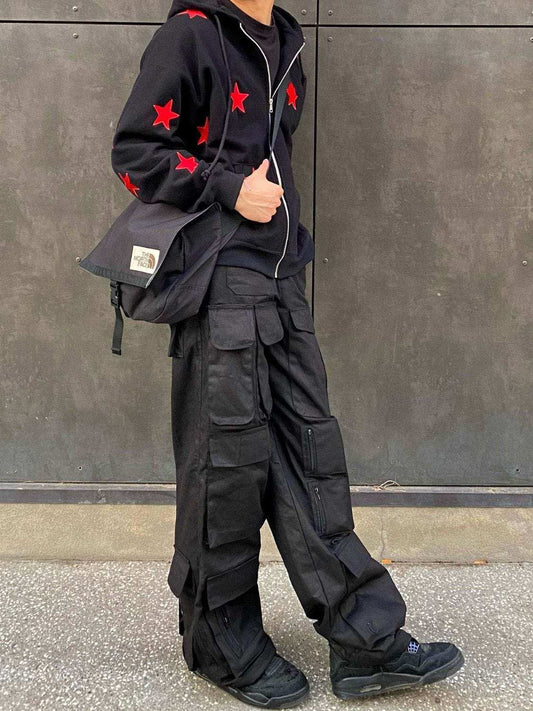 Men's Contrast Star Hooded Zip Up Hoodie - Trendsi - Flyclothing LLC