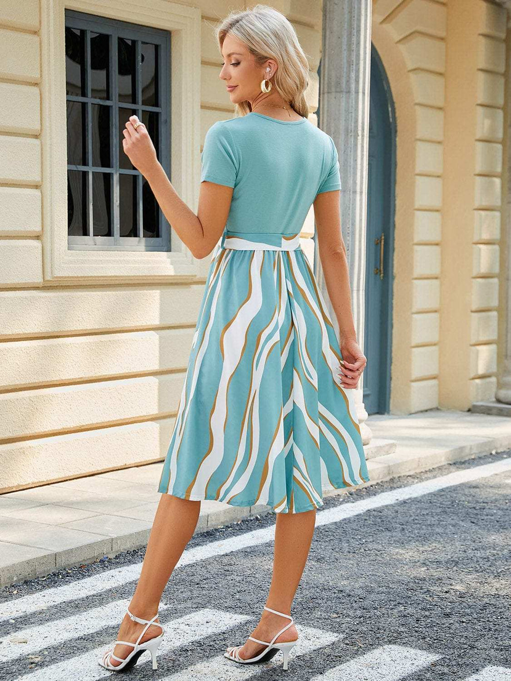 Printed Tie Waist Short Sleeve Dress - Trendsi - Flyclothing LLC