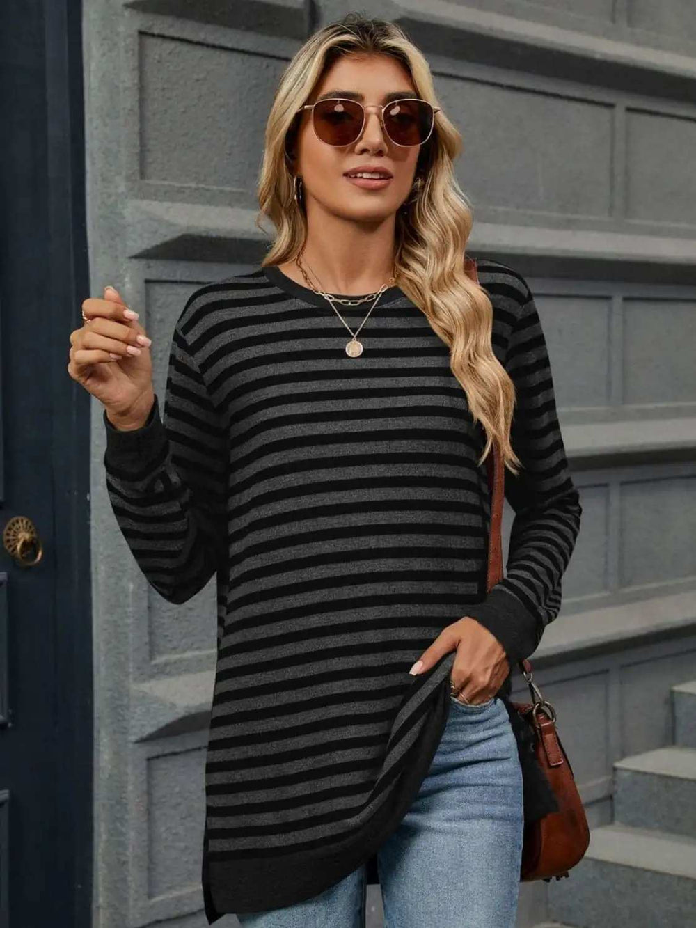 Striped Round Neck Long Sleeve T-Shirt - Trendsi - Flyclothing LLC