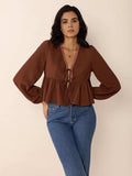 Peplum Tied V-Neck Long Sleeve Blouse - Trendsi - Flyclothing LLC