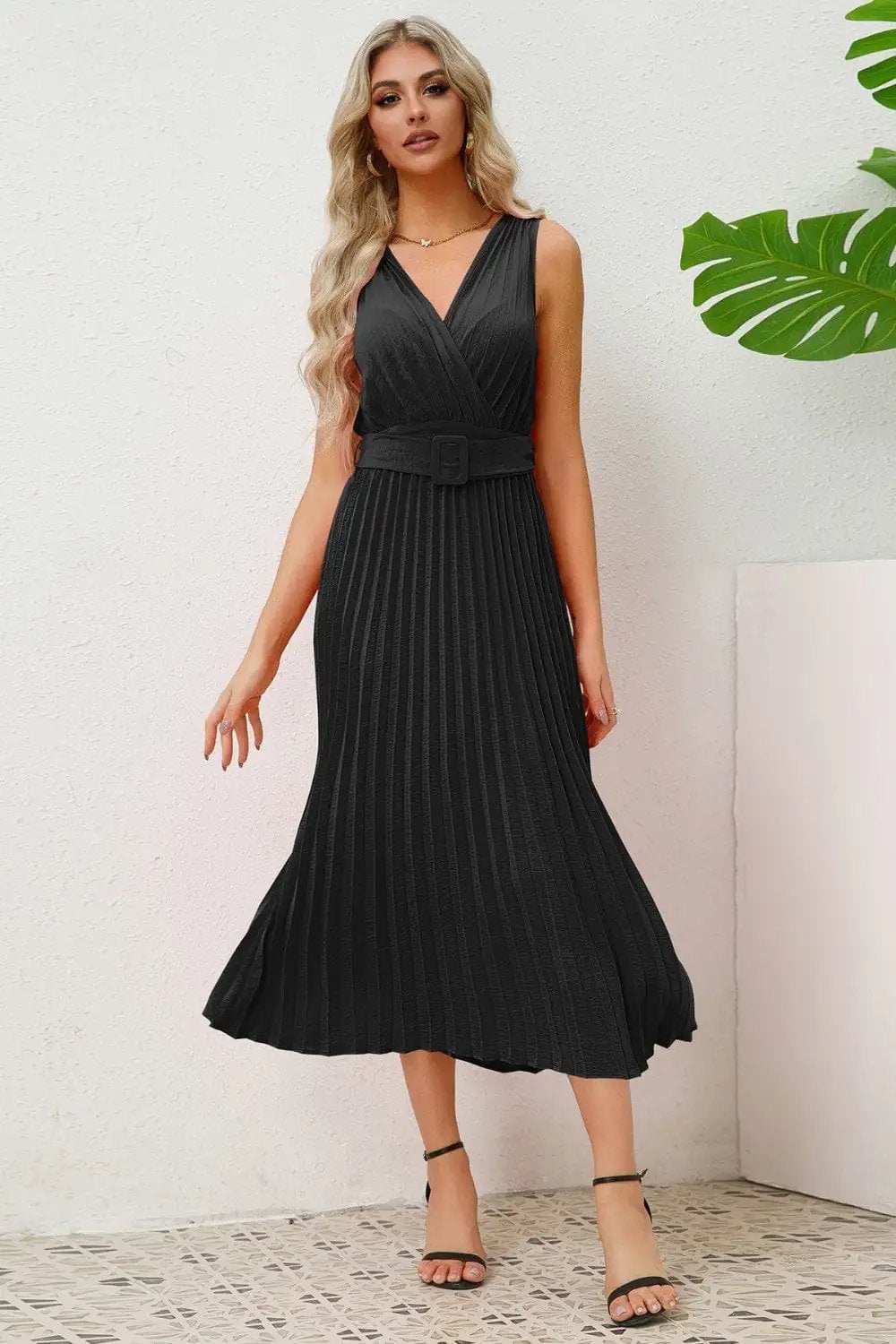Surplice Sleeveless Midi Pleated Dress - Trendsi - Flyclothing LLC