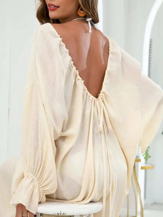 Backless Drawstring Back Flounce Sleeve Cover-Up - Trendsi - Flyclothing LLC