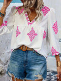 Printed V-Neck Three-Quarter Sleeve Blouse - Trendsi - Flyclothing LLC