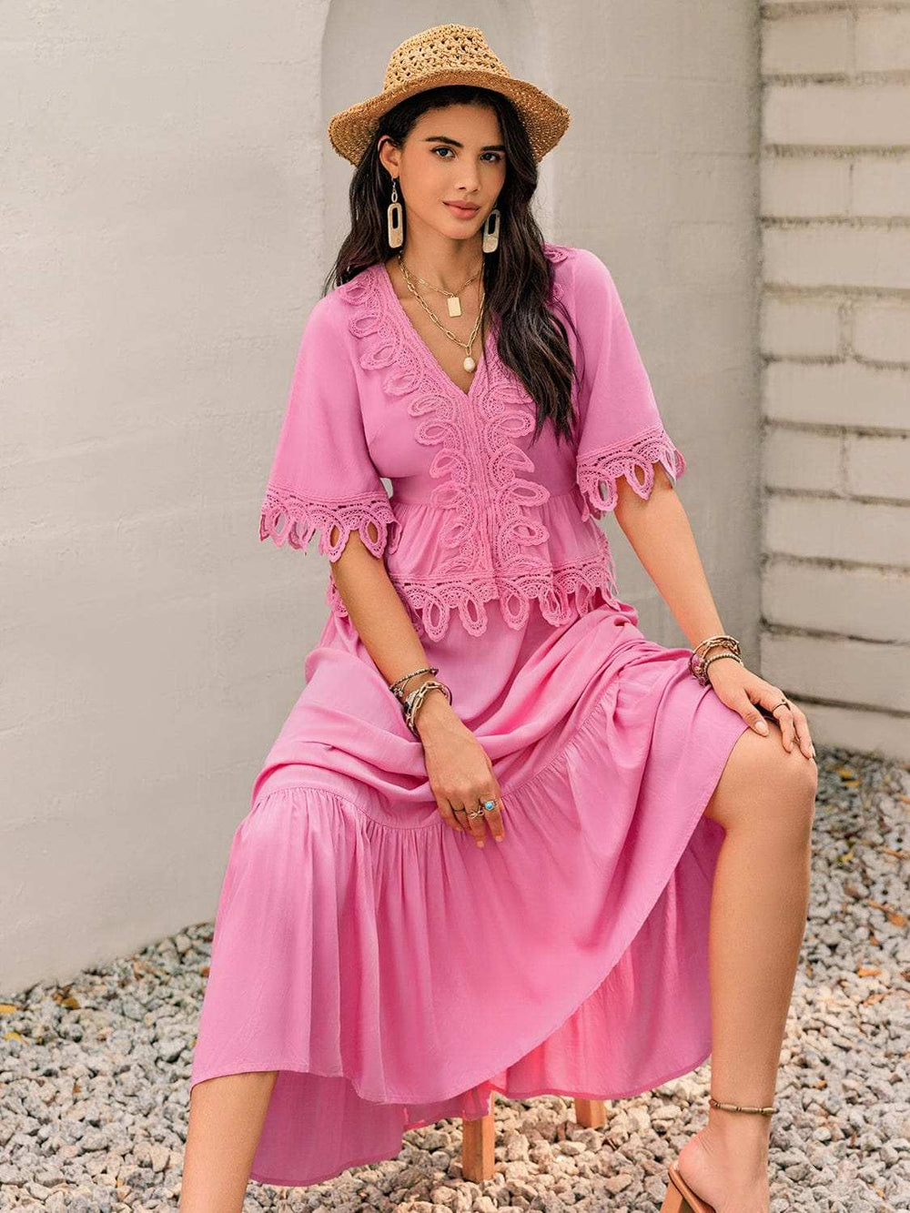 Lace Detail V-Neck Half Sleeve Midi Dress - Trendsi - Flyclothing LLC