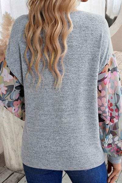 Printed Lantern Sleeve Buttoned V Neck Top - Trendsi - Flyclothing LLC