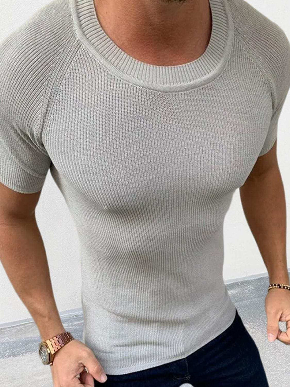Men's Round Neck Short Sleeve Ribbed Knit T-Shirt - Trendsi - Flyclothing LLC