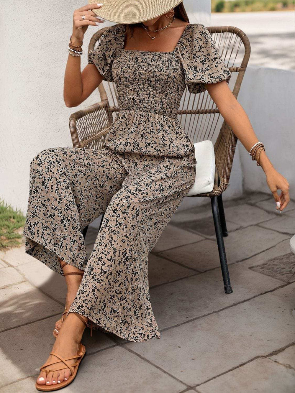 Perfee Smocked Printed Square Neck Puff Sleeve Jumpsuit - Trendsi - Flyclothing LLC