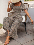 Perfee Smocked Printed Square Neck Puff Sleeve Jumpsuit - Trendsi - Flyclothing LLC