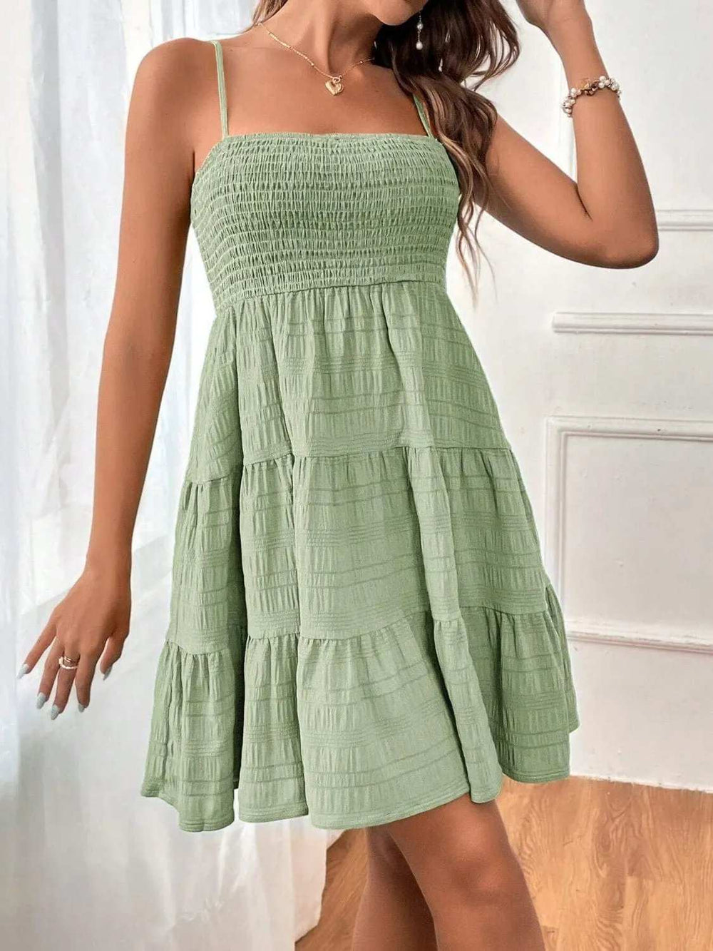 Smocked Tiered Sleeveless Mini Dress - Trendsi - Flyclothing LLC