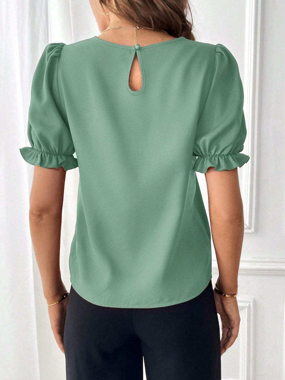 Round Neck Flounce Sleeve Blouse - Trendsi - Flyclothing LLC