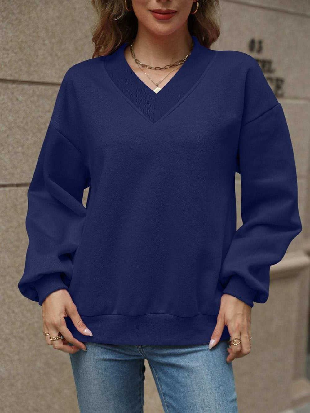 V-Neck Long Sleeve Dropped Shoulder Sweatshirt - Trendsi - Flyclothing LLC