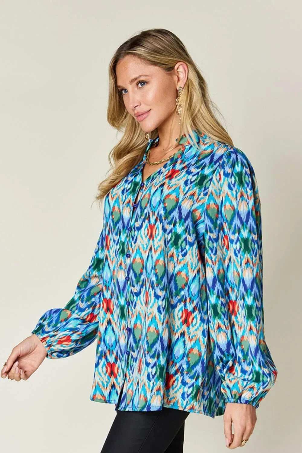 Double Take Full Size Printed Balloon Sleeve Blouse - Trendsi - Flyclothing LLC