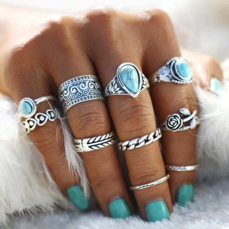 Artificial Turquoise Alloy Ring 10-Piece Set - Trendsi - Flyclothing LLC