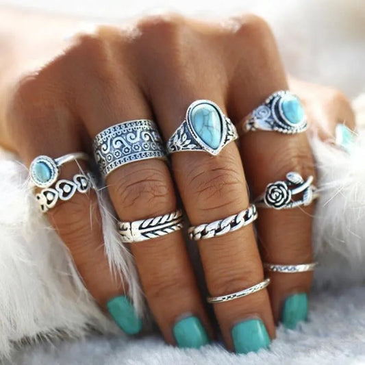 Artificial Turquoise Alloy Ring 10-Piece Set - Trendsi - Flyclothing LLC