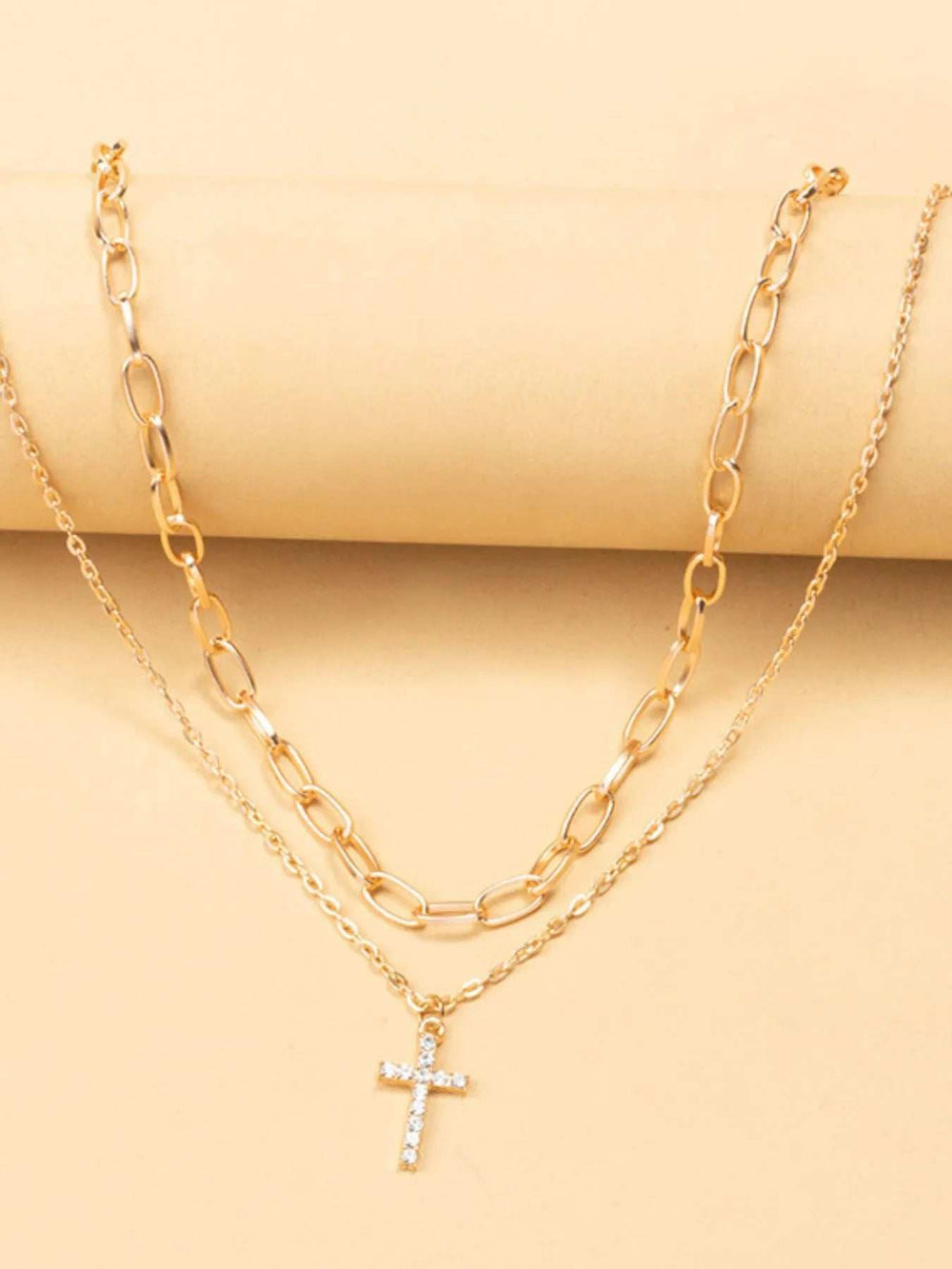 Double Layered Inlaid Zircon Cross Pendant Necklace - Trendsi - Flyclothing LLC