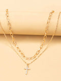 Double Layered Inlaid Zircon Cross Pendant Necklace - Trendsi - Flyclothing LLC