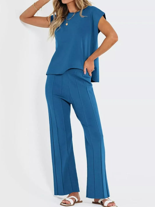 Casual Solid Color Cap Sleeve Top and Pants Knit Set - Trendsi - Flyclothing LLC