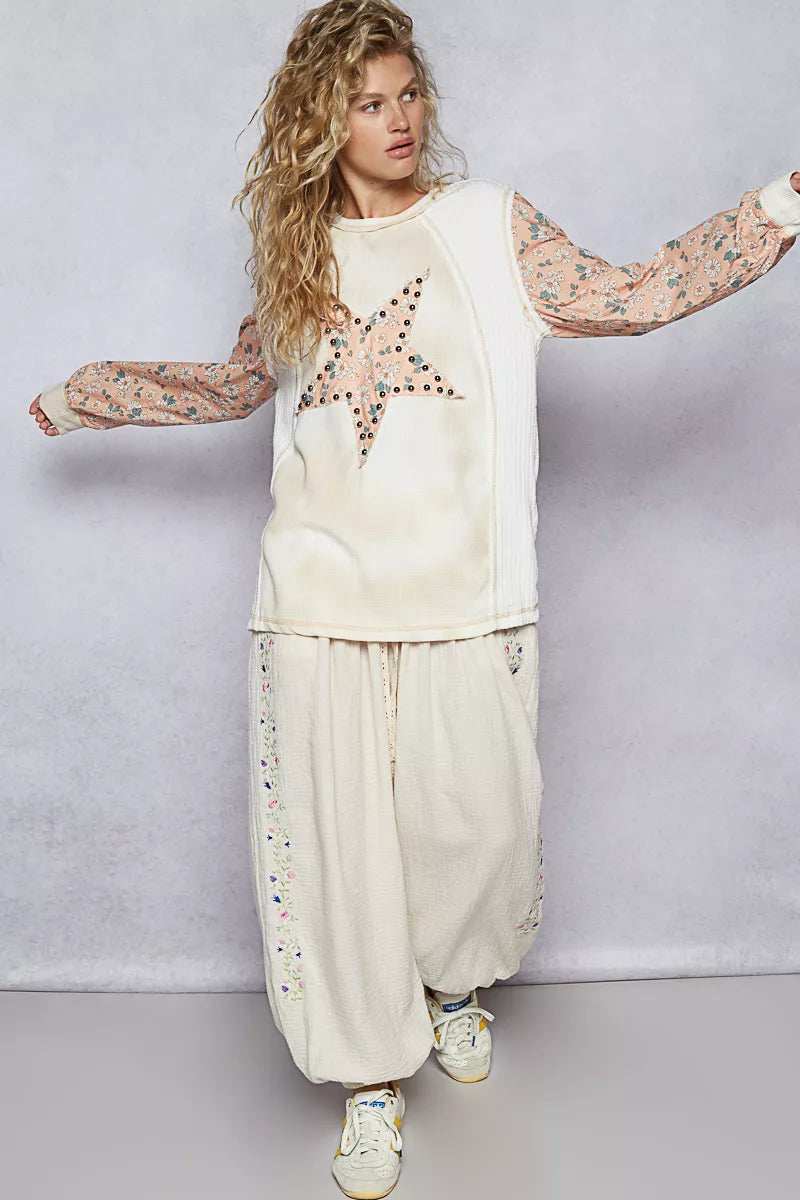 POL Exposed Seam Star Patch Thermal Top with Floral Sleeves - Trendsi - Flyclothing LLC