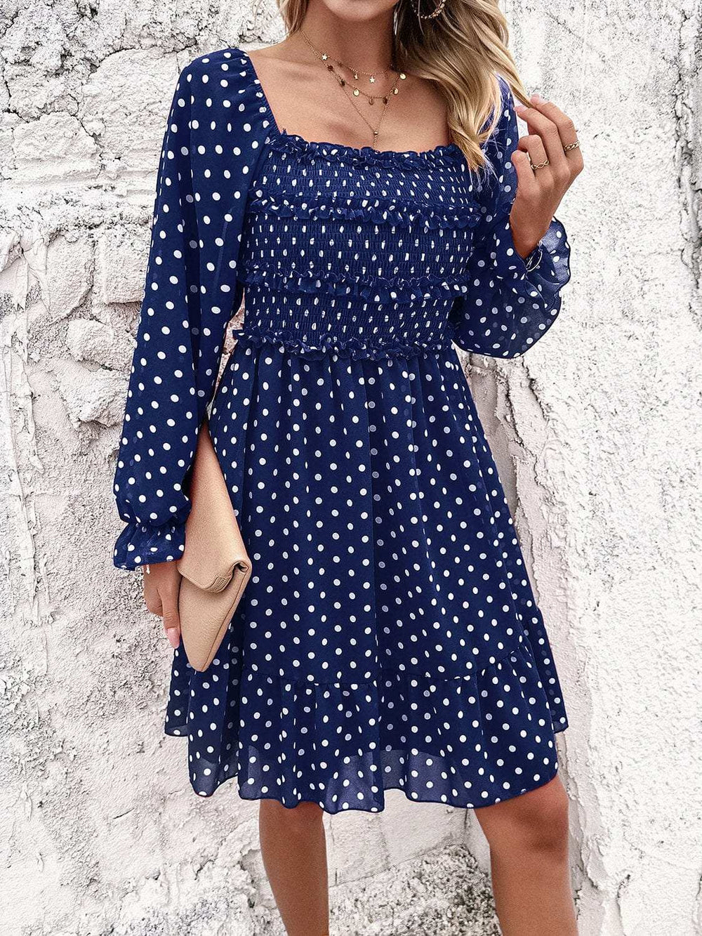 Smocked Polka Dot Long Sleeve Dress - Trendsi - Flyclothing LLC
