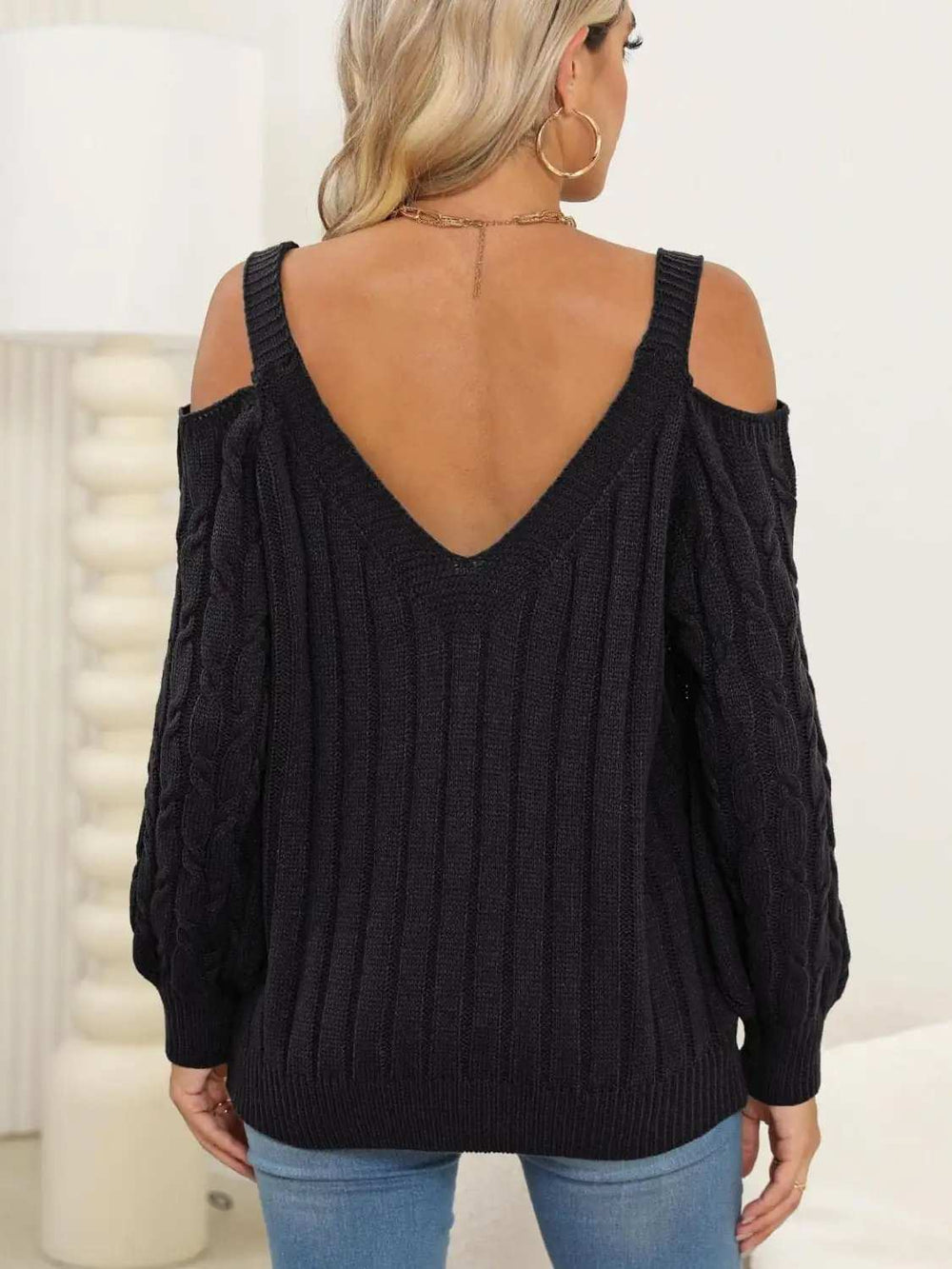 Cable-Knit Heart V-Neck Sweater - Trendsi - Flyclothing LLC