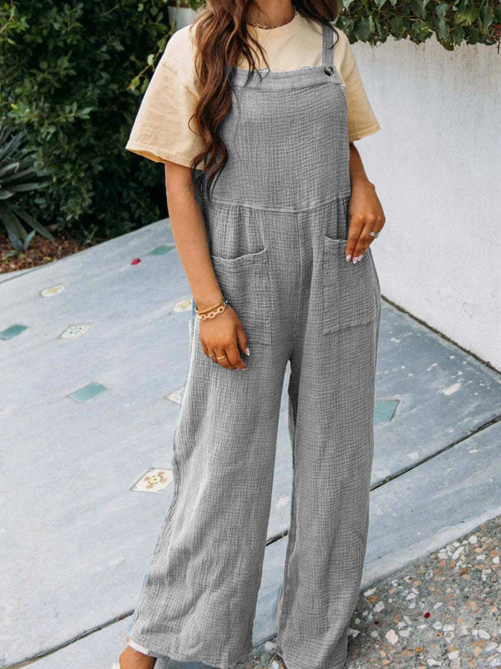 Full Size Casual Wide Leg Textured Overalls Plus Size - Trendsi - Flyclothing LLC