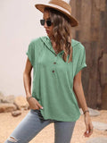 Half Button Hooded Short Sleeve Blouse - Trendsi - Flyclothing LLC