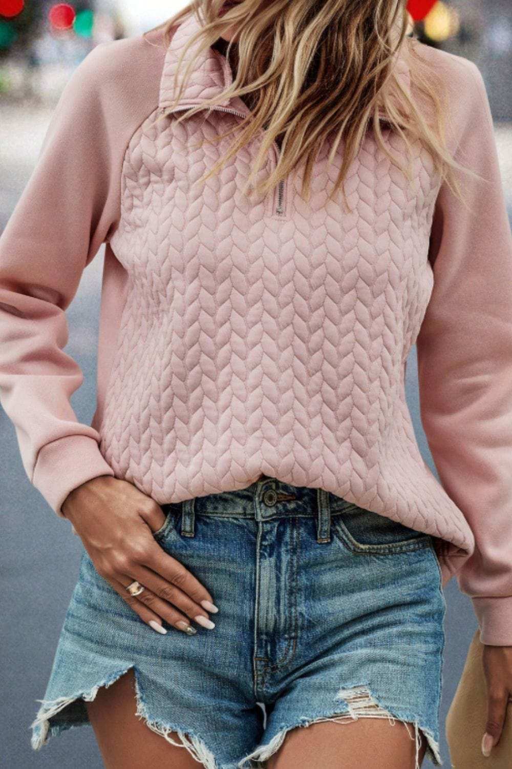Textured Quarter Zip Long Sleeve Sweatshirt - Trendsi - Flyclothing LLC