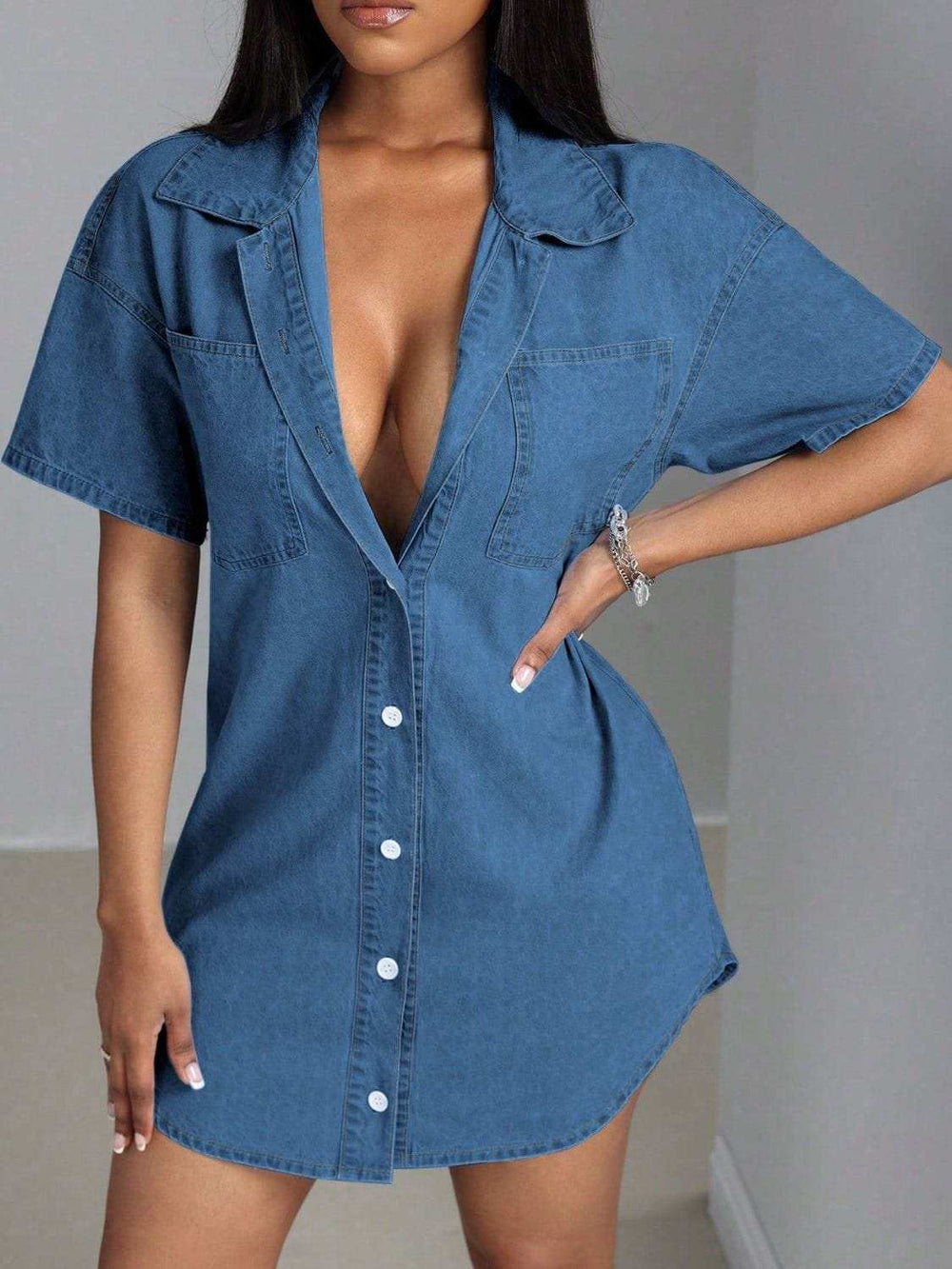 Button Down Collared Neck Denim Dress - Trendsi - Flyclothing LLC