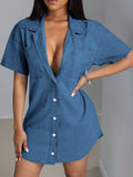 Button Down Collared Neck Denim Dress - Trendsi - Flyclothing LLC