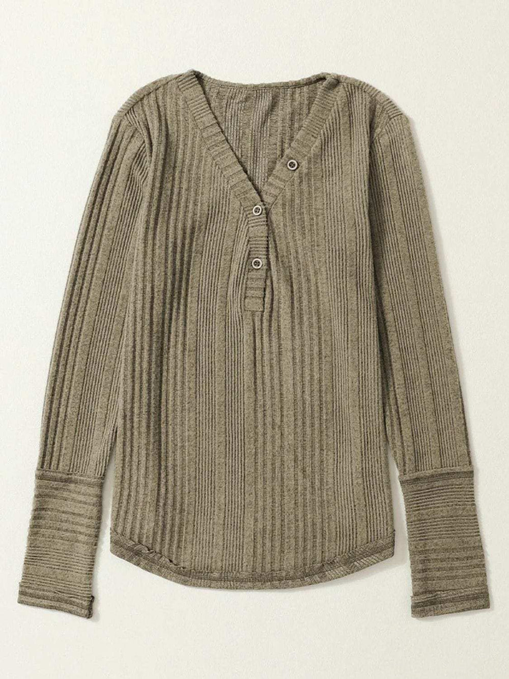 Textured V-Neck Long Sleeve T-Shirt - Trendsi - Flyclothing LLC