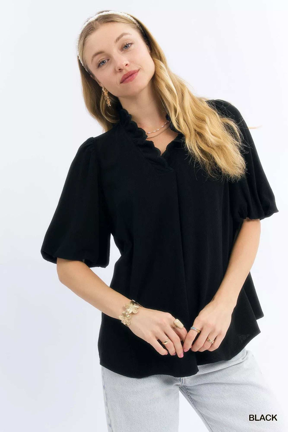 Umgee Linen Scallop Trim V-Neck Blouse - Trendsi - Flyclothing LLC