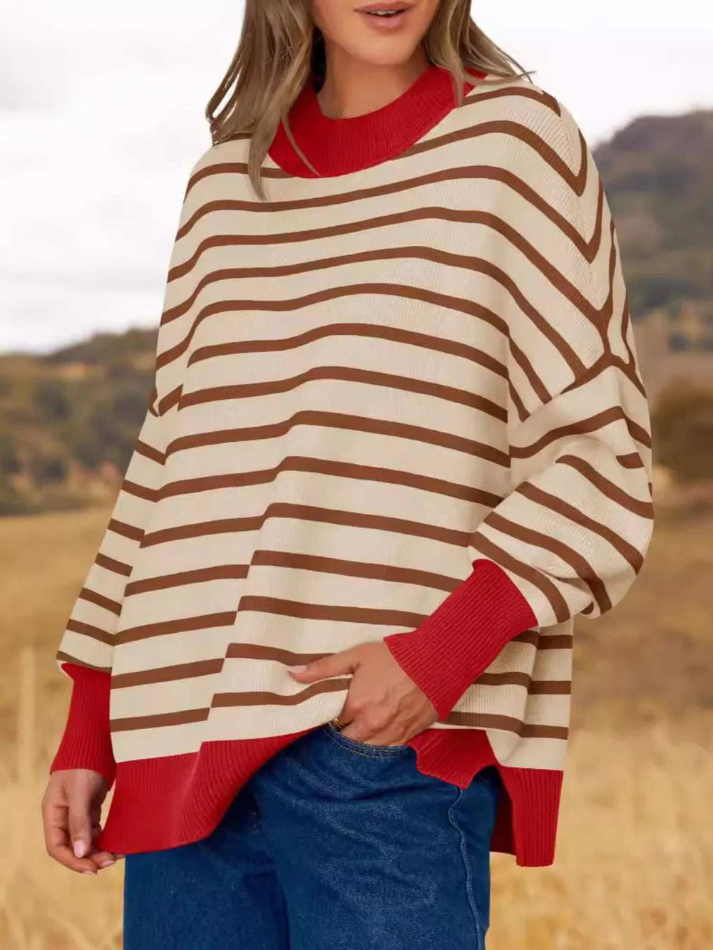 Striped Round Neck Long Sleeve Sweater - Trendsi - Flyclothing LLC