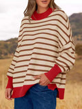 Striped Round Neck Long Sleeve Sweater - Trendsi - Flyclothing LLC
