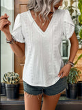 Eyelet V-Neck Petal Sleeve Blouse - Trendsi - Flyclothing LLC