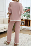 Devine Contrast Trim Half Sleeve Top and Pants Set - Trendsi - Flyclothing LLC