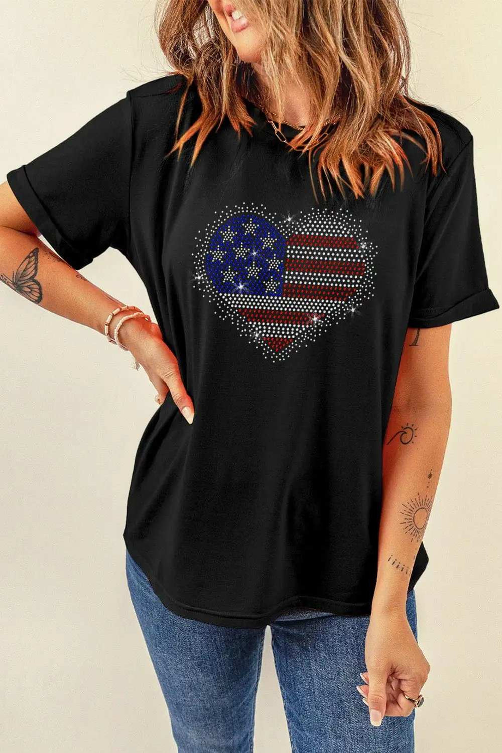 Rhinestone Heart Round Neck Short Sleeve T-Shirt - Trendsi - Flyclothing LLC