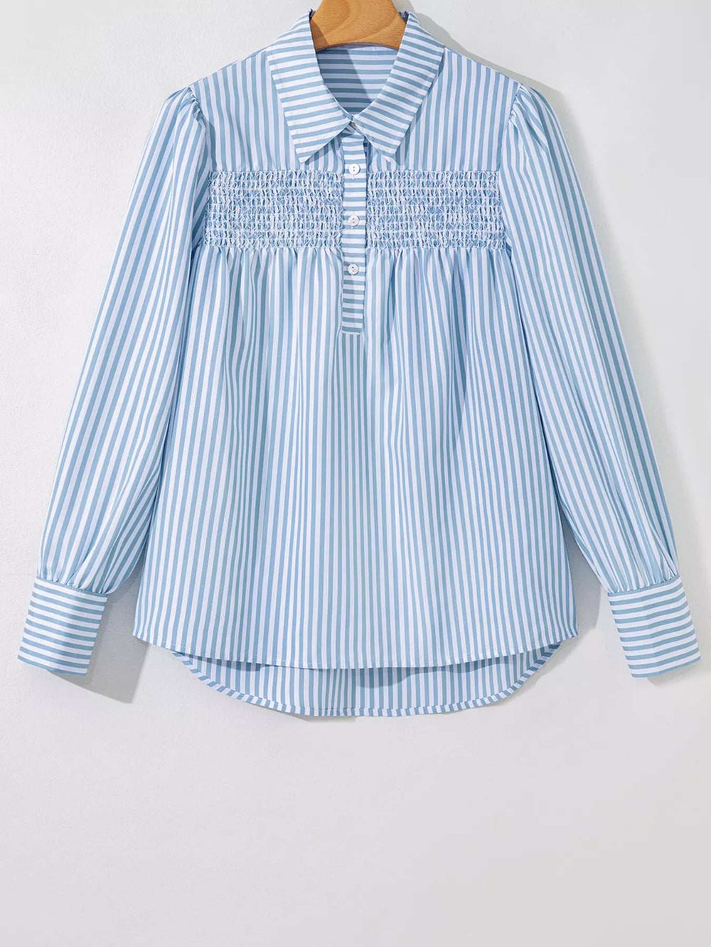 Stripe Shirred Detail Half Placket Collared Long Sleeve Shirt - Trendsi - Flyclothing LLC