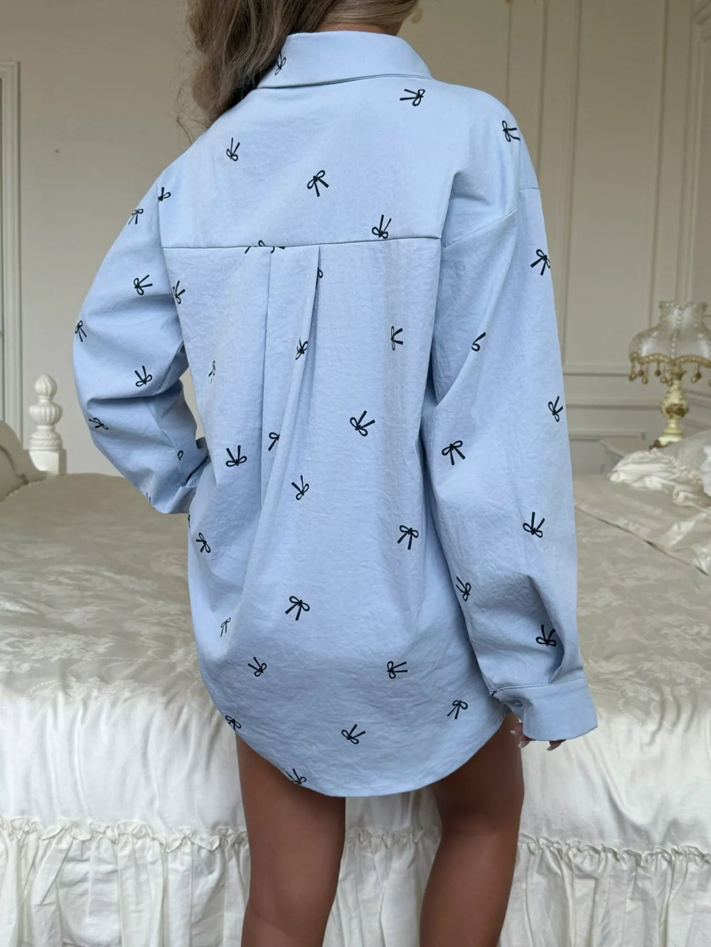 Bow Print Long Sleeve Shirt - Trendsi - Flyclothing LLC