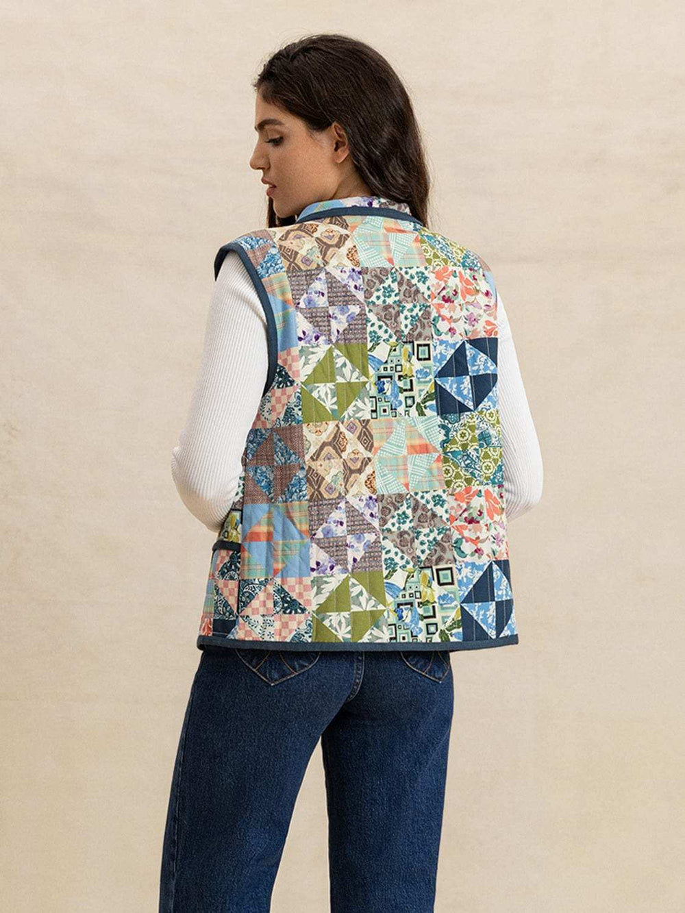 Printed Patchwork Contrast Piping Vest - Trendsi - Flyclothing LLC