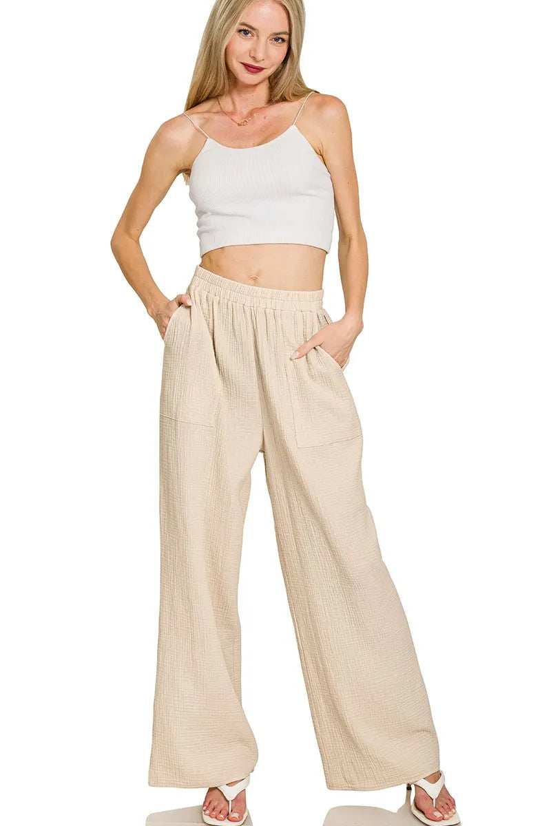 Zenana Double Gauze Elastic Band Pants - Trendsi - Flyclothing LLC