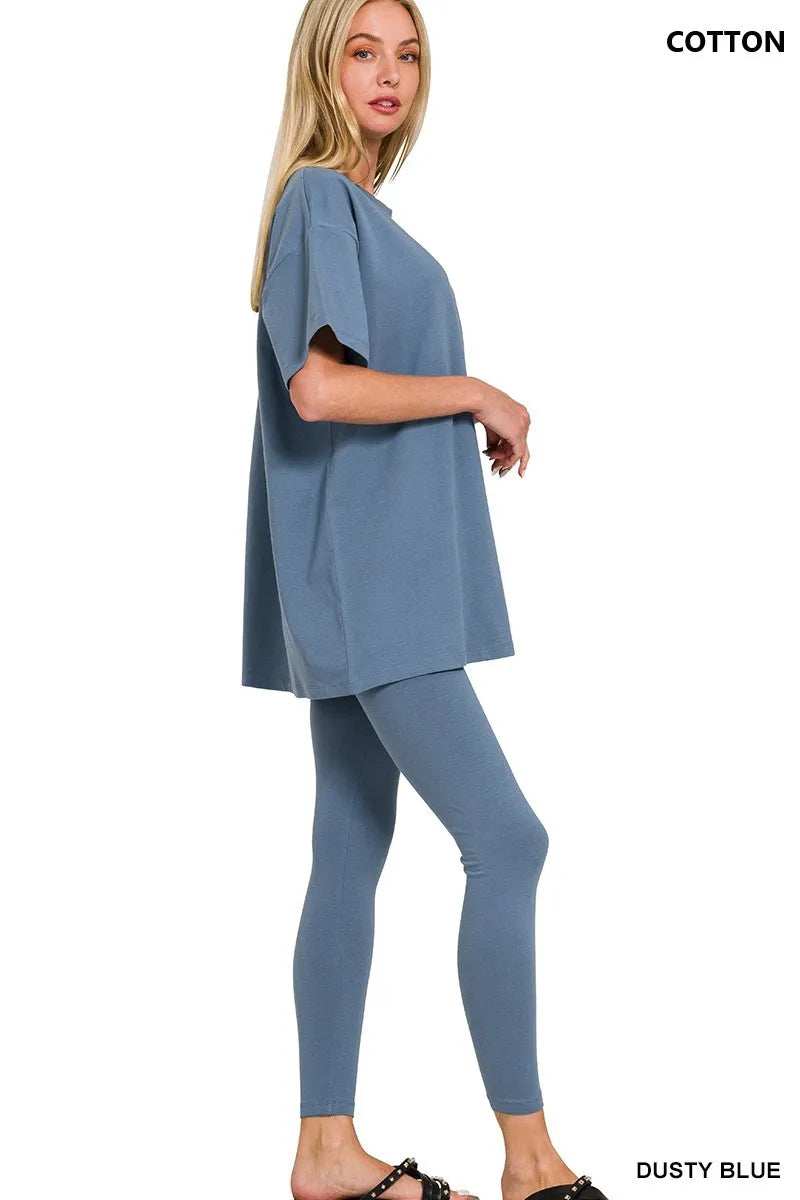 Zenana Cotton Round Neck Top & Legging Set - Trendsi - Flyclothing LLC