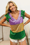 BiBi Mardi Gras Sequin Color Block Ruffled Top - Trendsi - Flyclothing LLC