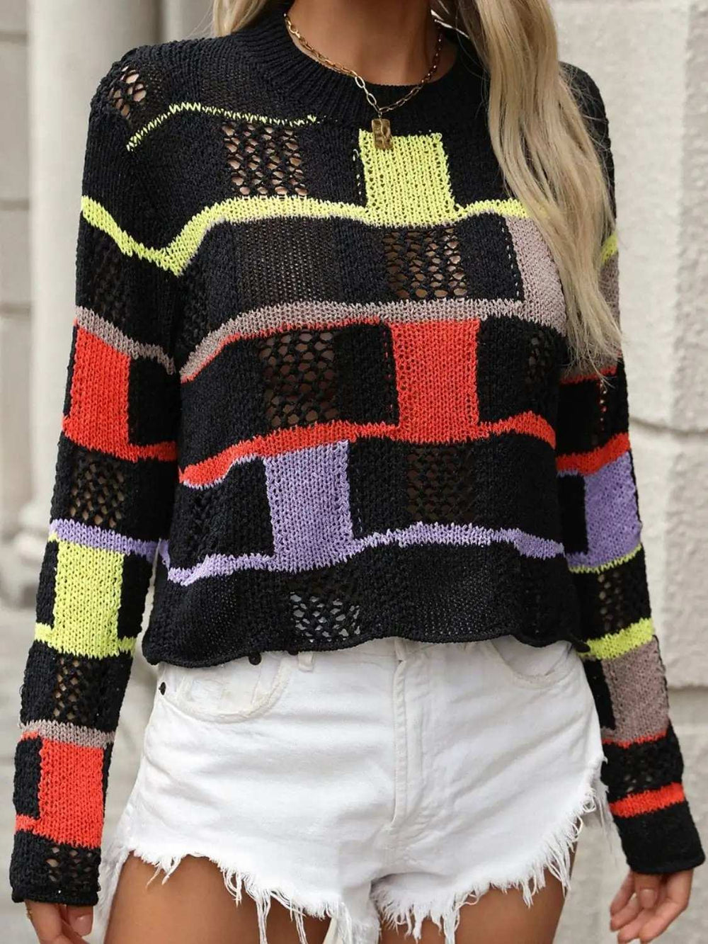 Openwork Color Block Round Neck Sweater - Trendsi - Flyclothing LLC