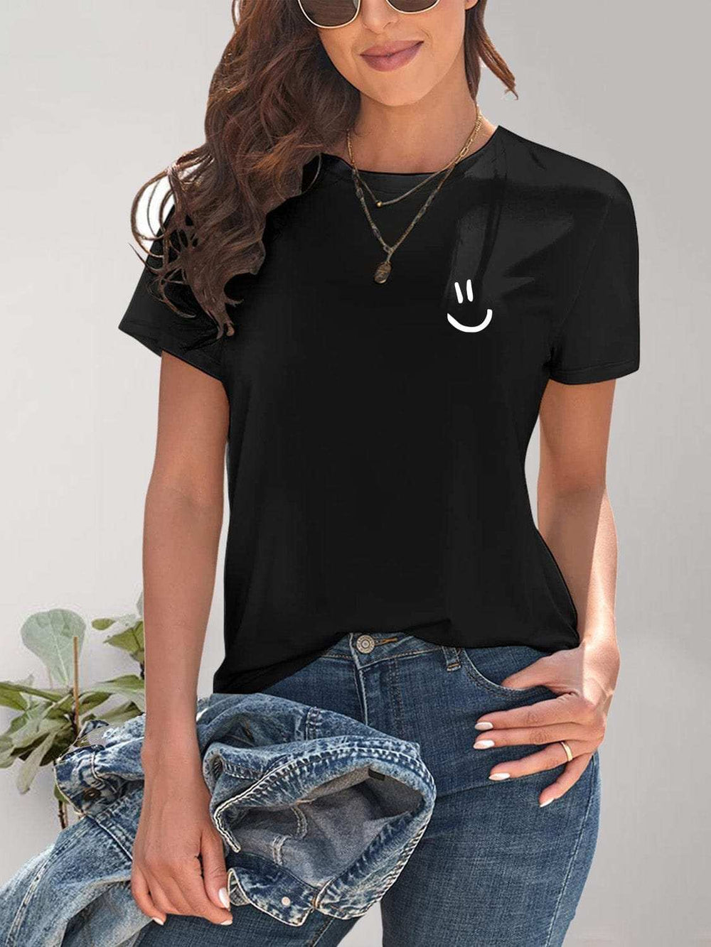 Smile Graphic Round Neck Short Sleeve T-Shirt - Trendsi - Flyclothing LLC