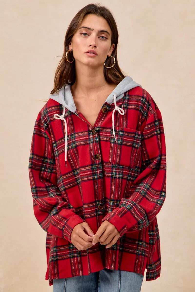 BiBi Brushed Plaid Hooded Jacket - Trendsi - Flyclothing LLC