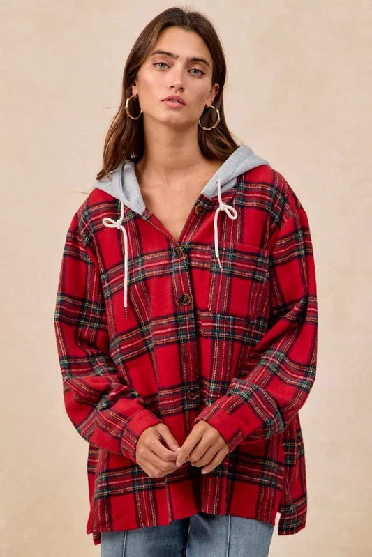 BiBi Brushed Plaid Hooded Jacket - Trendsi - Flyclothing LLC
