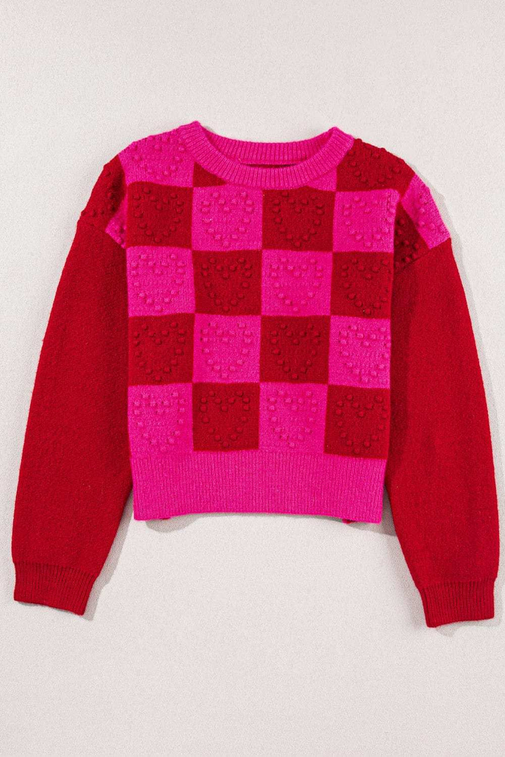 Checkered Round Neck Dropped Shoulder Sweater - Trendsi - Flyclothing LLC